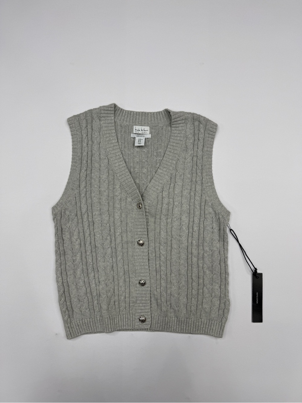 Nicole Miller New York Gray Cable Knit Cotton Button Up Sweater Vest Size XL